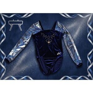 Alpha Factor USA Youth CLA Blue Velvet Shimmer Rhinestone Long Sleeve Leotard